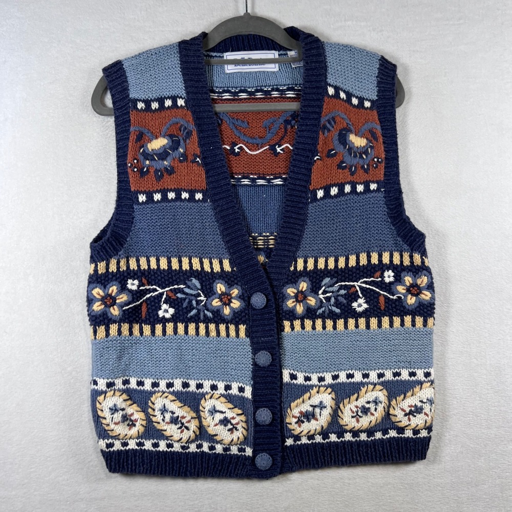 BellePointe Vintage Floral Paisley Knit Sweater Vest Blue Rust Cottagecore Med